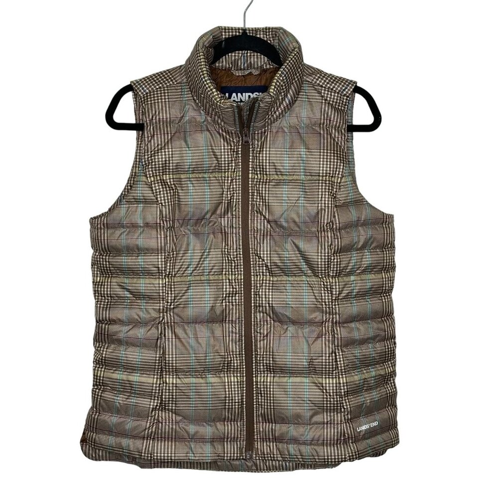 Lands' End Women's Down Puffer Vest 600 Fill Power Size M Brown‎ Plaid NEW